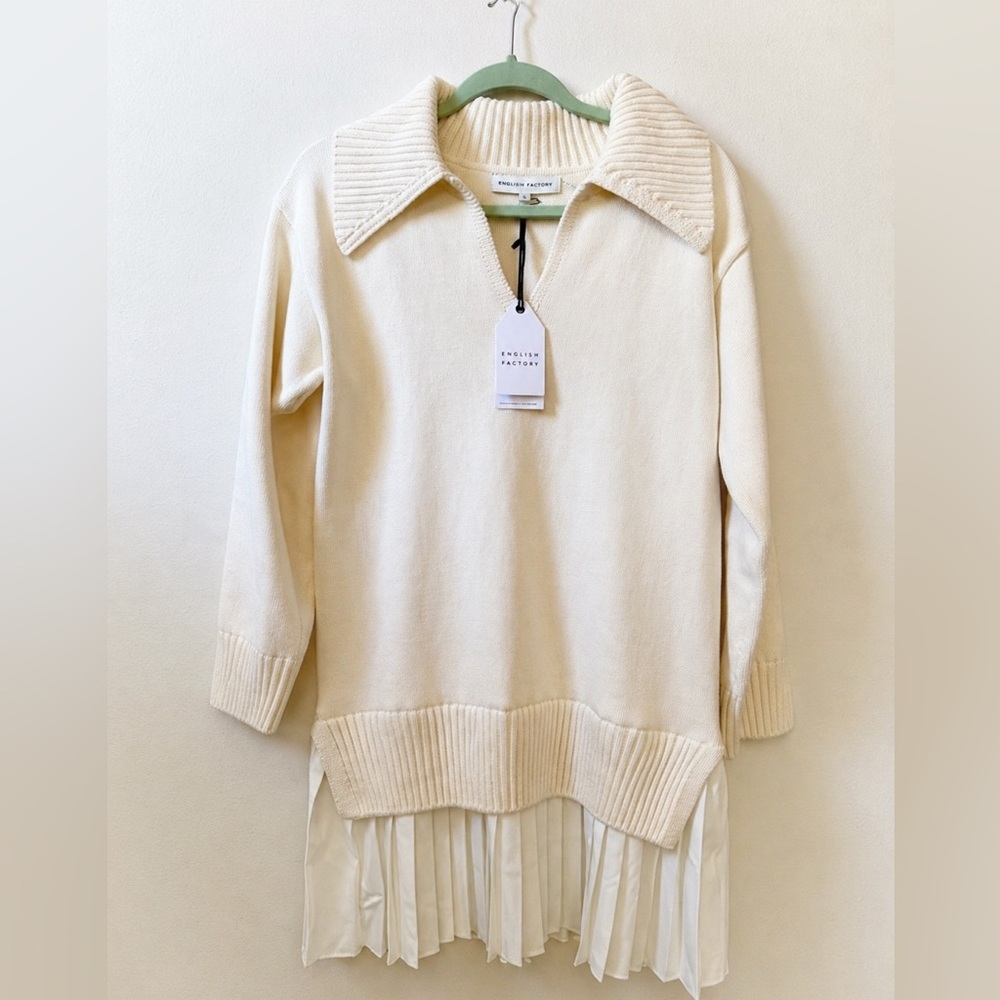 NWT English Factory Sweater Dress Cream Pleated Hem Mini Collared Knit Size S